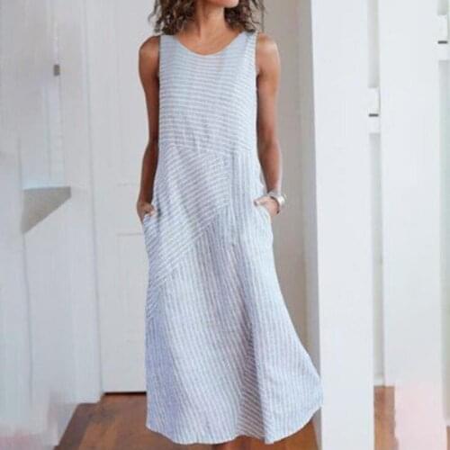 Women Summer Casual Simple Dress Sleeveless O Neck Loose Stripe Long Dress Sexy Maxi Slim Dresses With Pockets Plus Size S-5XL