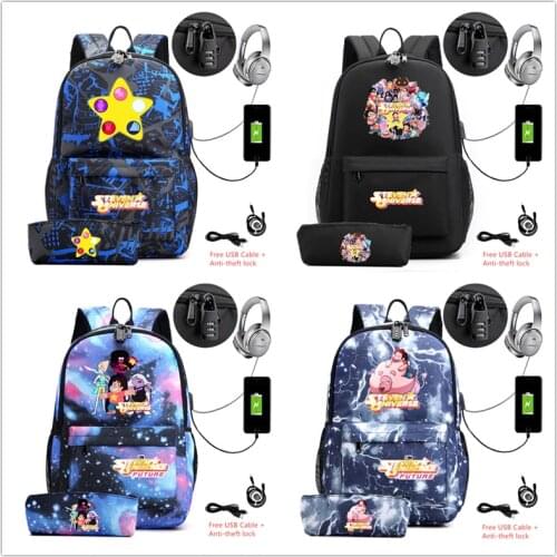 2 pcs/lot Steven Universe Crystal Gems canvas backpack with Pencil case School Bag usb charging shoulder bag Laptop sport bags