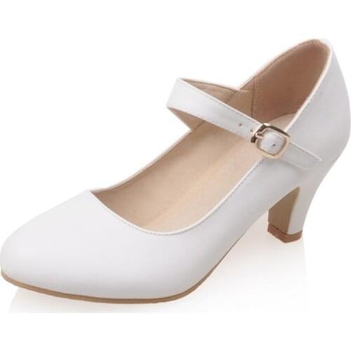 AGODOR white mary jane pumps kitten heels women shoes high heels pumps with buckle strap office ladies work shoes big size