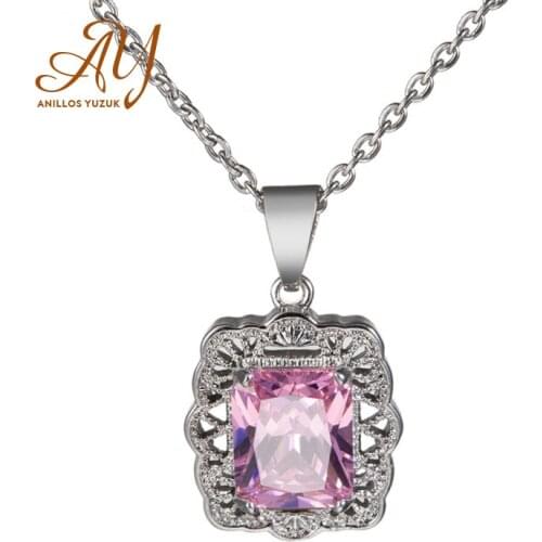 Anillos Yuzuk Unique Design Square Pink Crystal Pendant Necklace For Women 925 Sterling Silver Engagement Wedding Fine Jewelry