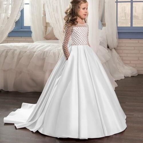 Satin fabric white flower girl dresses for wedding