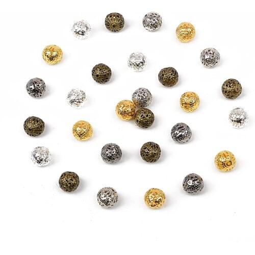 50/100/150/200pcs 4/6/8/10/12mm Hollow Ball Flower Beads Metal Charms Bronze/Gold/Silver Plated Spacer Beads For Jewelry Making