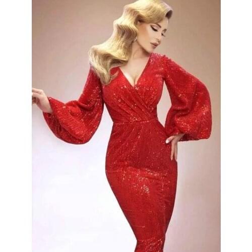 Red Formal Celebrity Dresses Mermaid V-neck Long Sleeves Sequins Sparkle Slit Long Evening Dresses Famous Red Carpet Dresses