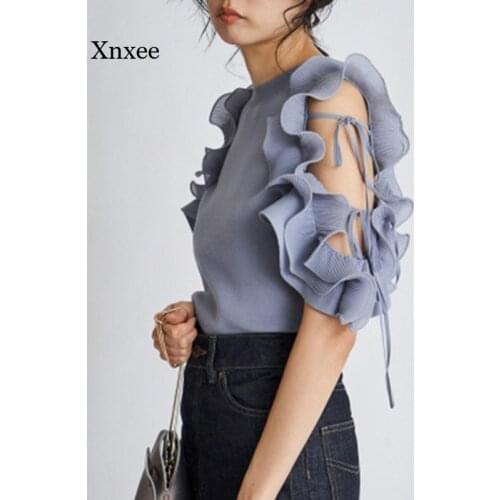 O Neck Ruffle T Shirts Elegant Patch Sexy Shoulder Strapless Blouse Women Flare Short Sleeve Work Style Ol Solid Simple Shirt