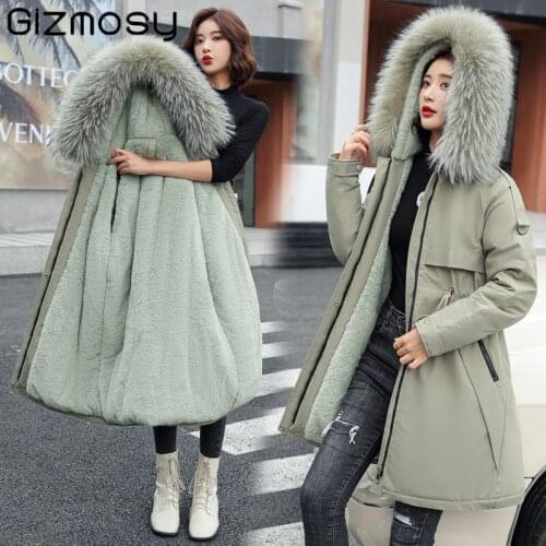 Gizmosy Cotton Jacket Women Winter 2021 Warm Thick Fleece Hooded Fur Liner Parkas Female Solid Loose Casual Long Coat Outwear