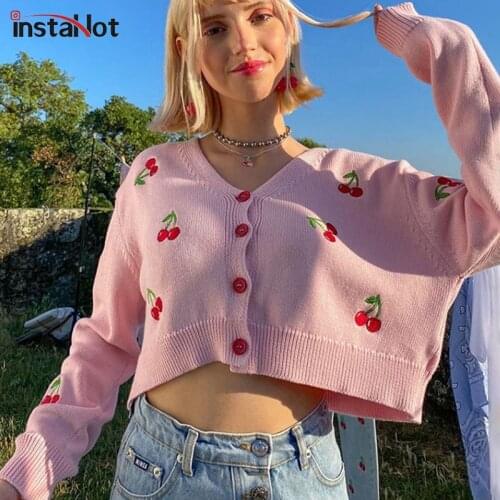 InstaHot Korean Style Cute Cherry Cardigans Casual Sweater Women Thin Cardigan Fashion Fulle Sleeve Autumn Crop Top Mujer 2020
