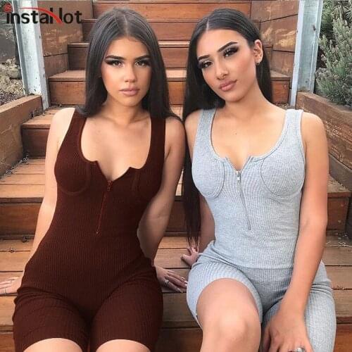InstaHot Zipper Up Playsuit Sleeveless Knitted Elastic Skinny Romper Ladies Summer Sexy Casual Tank Playsuit Shorts Slim Outfit