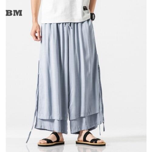 Chinese Style Loose Plus Size Culottes Tang Suit Hanfu Japanese Harajuku Fake Two-Piece Trousers Hakama Wide Pants Men Clothing