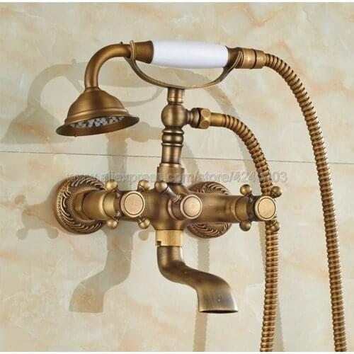 Wall Mounted Antique Brass Bathtub Faucets Bathroom Basin Mixer Tap With Hand Shower Head Bath & Shower Faucet Ktf122