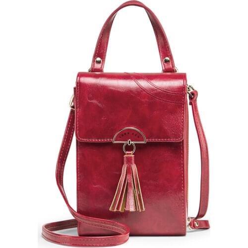 New Female Mobile Phone Bag Retro Oil Wax Leather Zipper Ladies Purse Large Capacity Tassel Trend Single Shoulder Messenger Bag