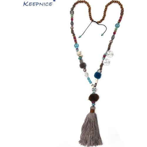 New Ethnic Pompoms pendants necklace Pink Cotton Tassel long beaded chain Necklace Boho chic multicolor beads Necklace