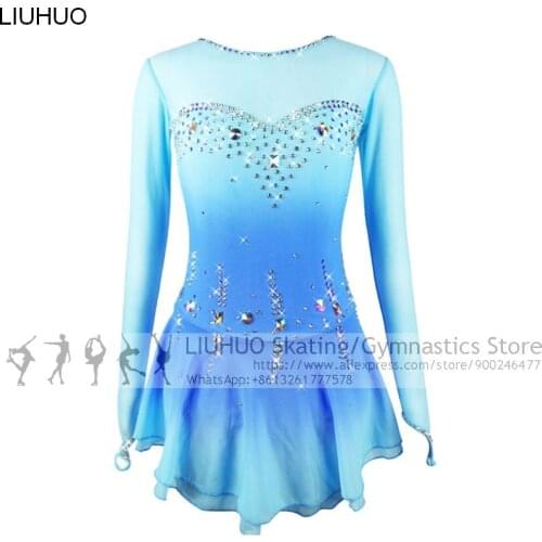 Ice Skating Dress Girls Blue Rhinestones Lace Children Kids Competition Dress High Elasticity Figure Skating Costumes for Women