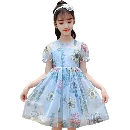 Girl Dress Floral Pattern Girls Party Dress Kids Mesh Kids Dress Summer Childrens Clothing 6 8 10 12 14