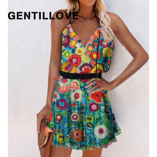 Gentillove Casual Strap V Neck Mini Sundress Elegant Bohemian Print A Line Dress Summer Vintage Beach Party Dress 2021 New