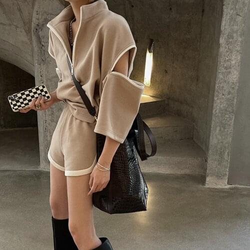 Casual Solid Two Piece Set For Women Stand Collar Three Quarter Sleeve Top High Waist Shorts Sporty Sets Female New