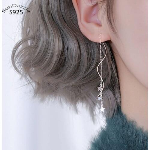 Genuine Real Pure Solid 925 Sterling Silver Long Dangle Drop Earrings for Women Jewelry Star Female Thread Tassel Earrings