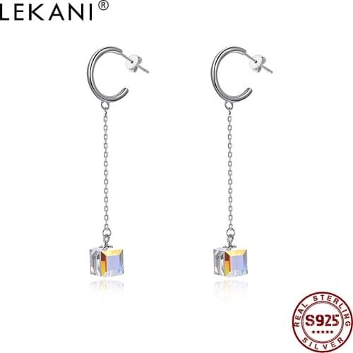 LEKANI 925 Sterling Silver Women Earrings Long Tassel Square Austria Crystal Pendant Drop Earring Fine Jewelry Wholesale Gift