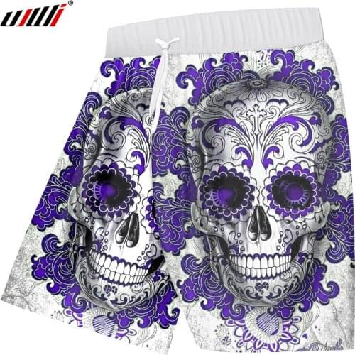 UJWI Mens Shorts White 2019 Summer Harajuku 3d Print Flower Skull Shorts Male Hip Hop Fitness Beachshorts Quick Dry Polyester