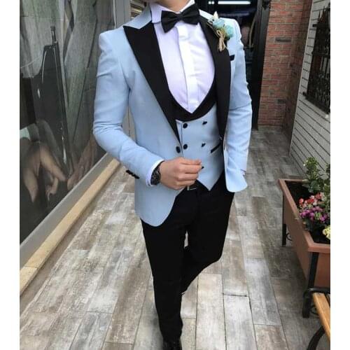 Sky Blue Suits Men Tuxedo 3 Piece Custom Made Terno Slim Fit Groom Custom Wedding Mens Suit Masculino Jacket+Pant+Vest
