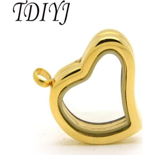 TDIYJ Wholesale 30*30mm Heart Stainless Steel Magnetic Floating Glass Gold Locket Pendant Necklace for Women 1Pcs