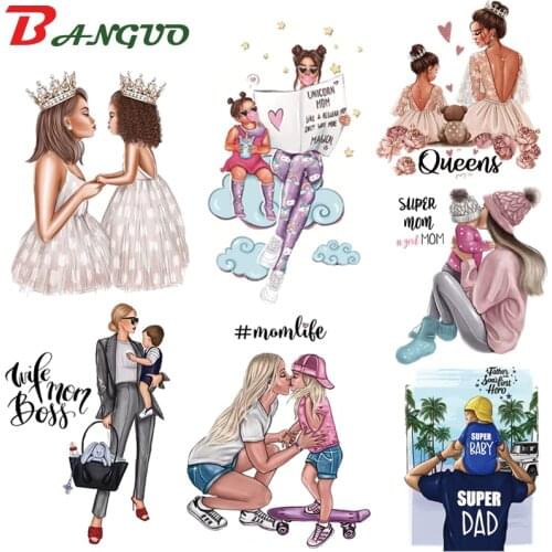 Fashion Mom Baby Heat Transfer Iron On Patches Dad Boy Girls Thermal Stickers For Women kids Clothes DIY Iron-On Patch Applique