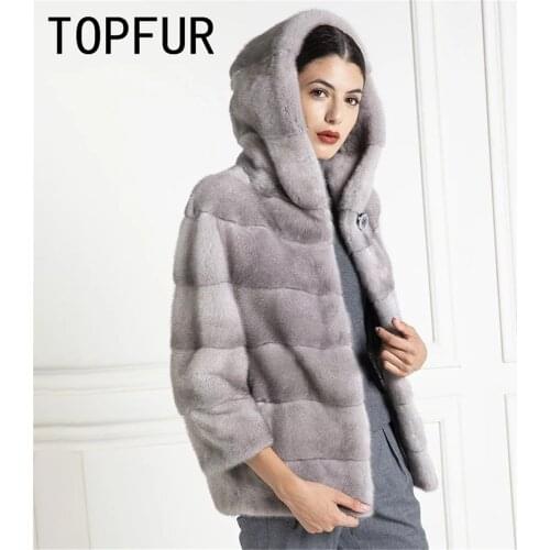 TOPFUR Genuine Leather Jacket With Fur Hooded Winter Coat Women Gray Jacket Women Plus Size Real Fur Women Mink Fur Coat