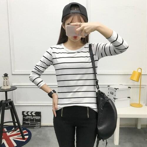 Womens Cotton T Shirts Long Sleeve 2020 Autumn O-Neck Striped Female T-Shirt Women White Black Casual Basic Classic Tops