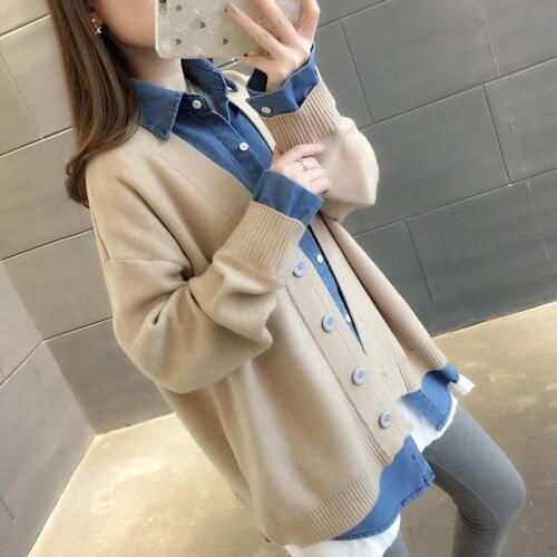 Women Sweater Jacket 2020 Stitching Denim Fake Two Pieces Knitted Cardigans Loose Korean Clothing Robe Coat Sueter Feminino T12