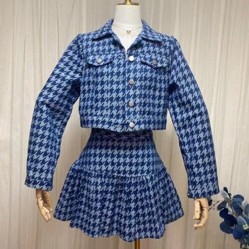 2021 Autumn Houndstooth Vintage Two Piece Set Women Crop Top Short Jacket Coat + Mermaid Skirts Sets Female 2 Piece Skirt Suits