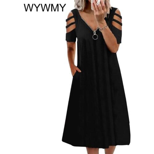 WYWMY Summer Dresses Women Solid Color Hollow Short Sleeve Ladies Dress Zipper V Neck Female Sundress Mujer Vestidos 2021 New