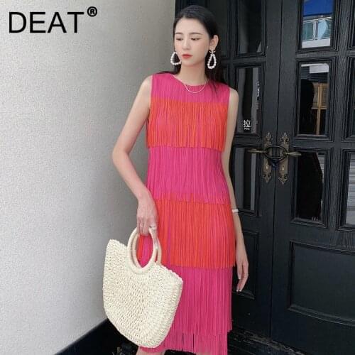 DEAT Woman Pleated Dress Hit Color Tassel Multi-layer Round Collar Sleeveless Loose Casual Style 2021 New Summer Fashion 15XM535