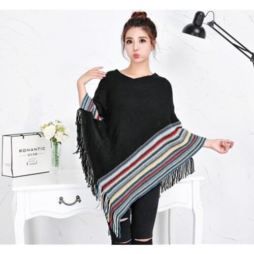 Autumn Women Spring Batwing Poncho Shawl Fringed Coat Cashmere Scarf Top Striped Sweater Cloark Woman Pullover Sueter Mujer