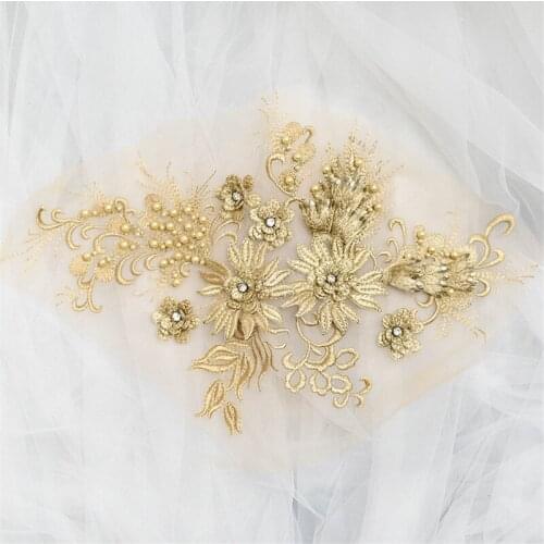 1Pair 2Pcs 14Colors Wedding Dress Floral Embroidery Sewing Patches Beaded Lace Applique Flower Trims DIY Craft BD0386