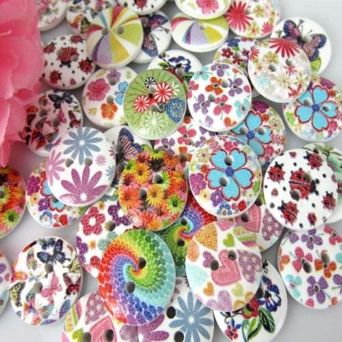 100pcs 5/8" Mixed 2-hole Printed Flower Heart Multicolor Wooden button Sewing Scrapbooking Crafts accessory 15mm buttons
