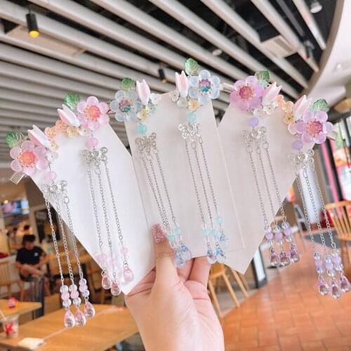 2 pcs Vintage Girl Pink Blue Fun Flower Tassel Antique Hair Clips Hairpin HanfuTraditional Headdress Handmade Hair clip