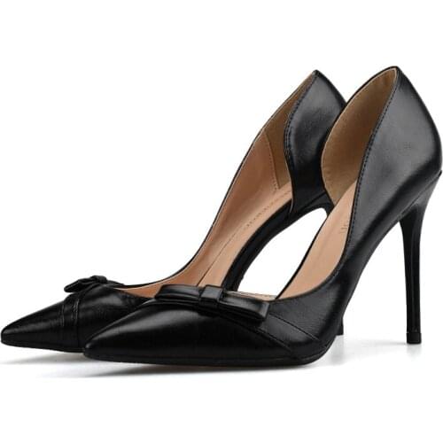 3 Colors Sweet Bowtie Pointed Toe Women Pumps New Fashion Sheepskin Leather Sexy Side Cut-Outs High Heels Shoes H0018