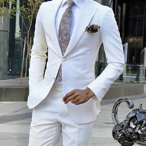 White Wedding Tuxedo for Groom Peaked Lapel Slim Fit Men Suits Fashion Design Business Wear 2 Pieces Jacket with Pants 2021