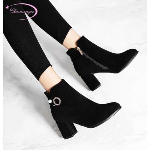 Casual style round toe flock ankle boots fashion beading zipper black apricot high-heeled chunky riding boots womens shoes