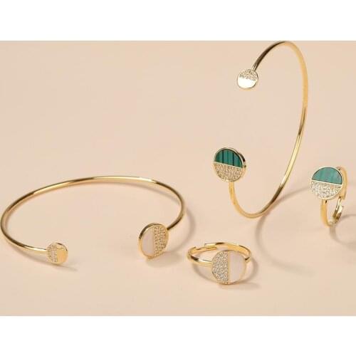 2021 Luxury 2PCS Dubai Bangle Ring Set Fashion Vintage Boho Jewelry For Women Shell Malachite Zircon Engagement Cuff Bracelet