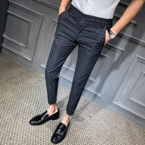 Mens Grid Pants Streetwear Show Trousers Dress Pants Slim Fit Mens Fashion Stripe 2020 Spring Casual Business Suit Pants Men