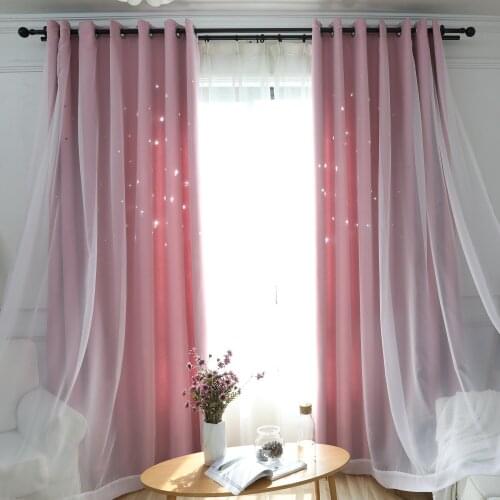 Double Layer Hollow Star Blackout Curtains for Living Room Kids Bedroom Solid Color Window Curtain Drapes with White Tulle