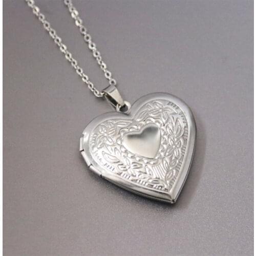 Everfast 1pc Engraved Heart Photo Frame Love Heart Pendant Necklaces Stainless Steel Charms Locket Necklace Women Memory Jewelry
