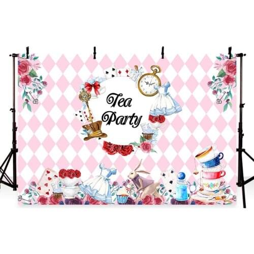 Colorwonder Alice in Wonderland Pink Rose Blue Cups Photo Background Retro Clock with Playing Cards and Flower Backdrop for Kids