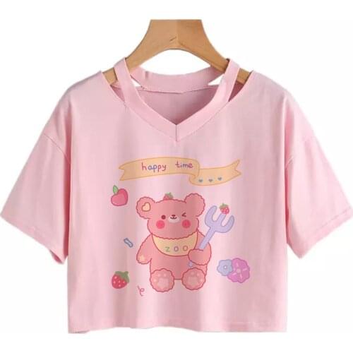 Harajuku T-shirt pink vintage cute bear print summer sexy aesthetic woman T-shirt y2k sling top kawaii clothes in Oversized top