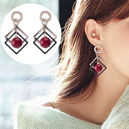 Geometric Square Earrings Metal Red Bead Earrings For Woman Girls Fashion Jewelry Gifts Brincos Boucle D'oreille Femme