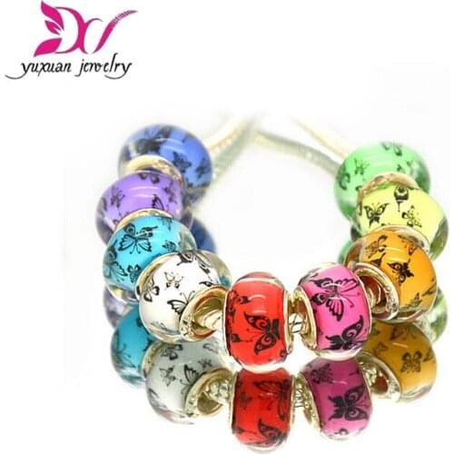 Butterfly pattern DIY Round Plastic Acrylic Bead Charm Big Hole for aodora Troll European Jewelry Bracelet Necklace artesanato