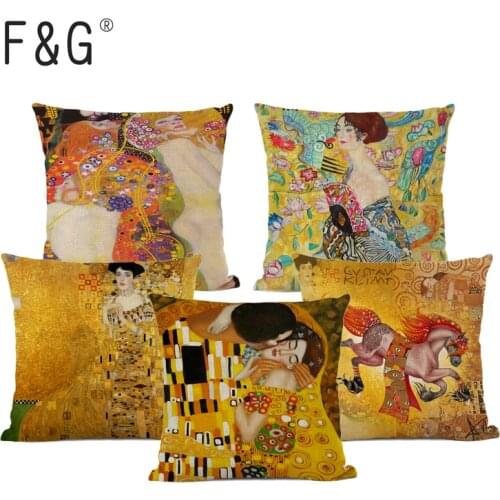 Gustav Klimt The Kiss Linen Cushion Cover Retro Oil Painting Decorative Pillows Custom Pillowcase Home Decor Throw Pillow Cover