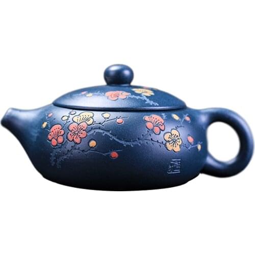 Original ore azure clay Yixing handmade purple clay teapot Plum flat Xi Shi teapot Chinese Kung Fu tea set pot 160ml