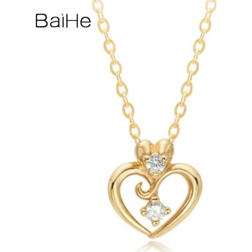 BAIHE Solid 18K Yellow Gold 0.02CT Natural Diamonds Women Engagement Jewelry Elegant Trendy Heart Diamond Necklaces