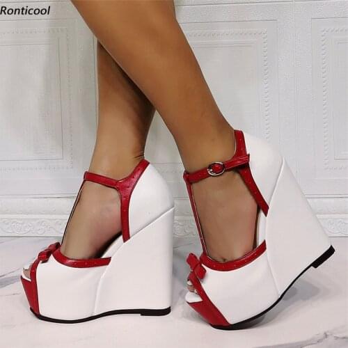 Ronticool New Handmade Women Summer T-Strap Sandals Butterfly Knot Wedges Heel Open Toe Beautiful Dress Shoes US Plus Size 5-20